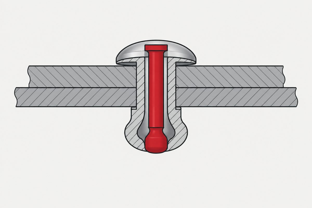 Cutaway of a blind rivet joining two overlapping steel sheets, with its central mandrel shown in red.