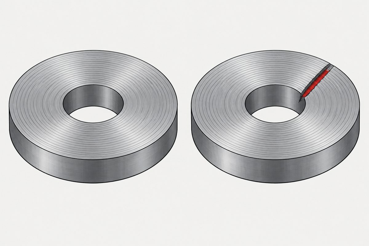 Two steel washers with concentric machining marks; one has a deep red radial gouge.
