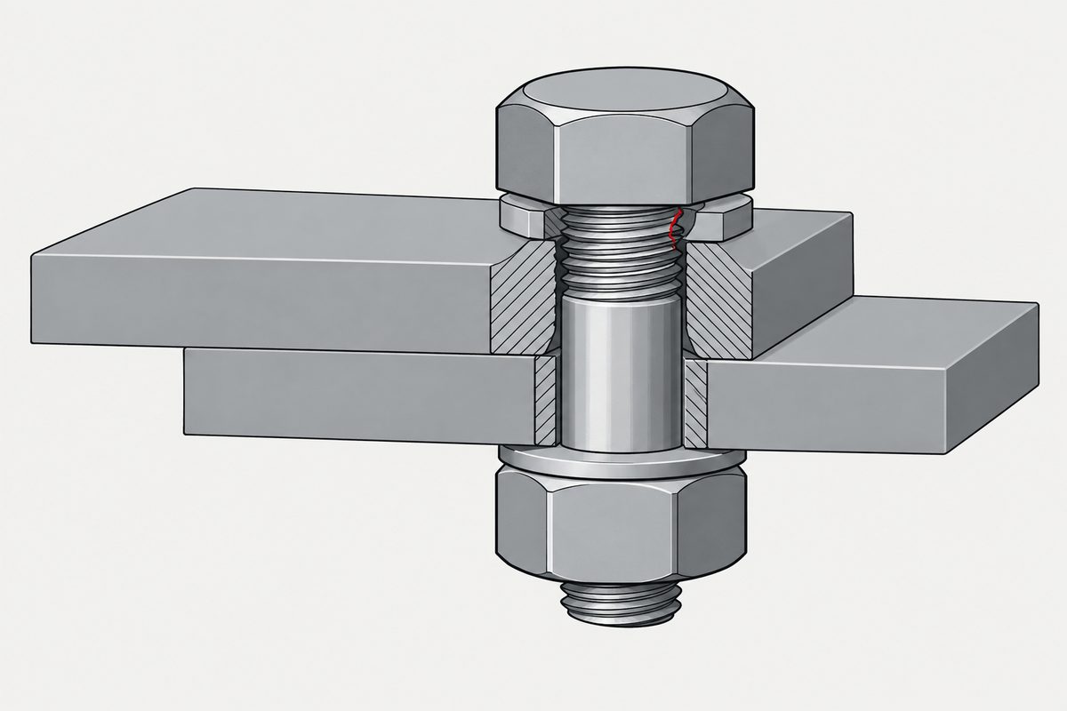 Cutaway steel bolted lap joint with a small red crack in the thread beneath the upper nut.