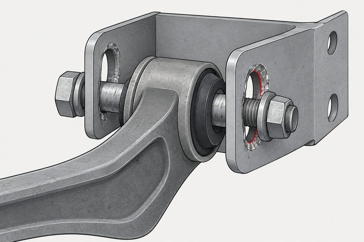 A loose bolt crosses a control-arm bracket with ragged, elongated mounting holes and a red damaged edge.