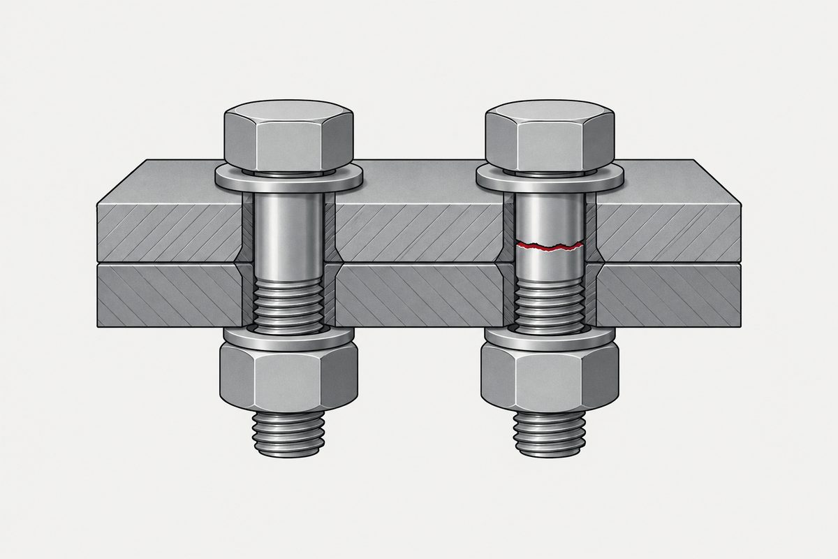 Cutaway steel joint with two matching bolts, one intact and one fractured across the shank in red.