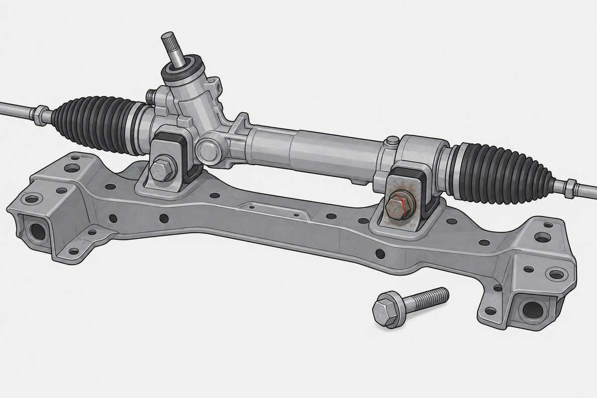 Steering rack on a front subframe; the right-hand bolt is rusted with a cracked head, and a new bolt lies beside it.