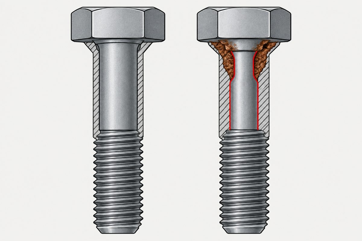 Two hex bolts in longitudinal cutaway: the left intact, the right with rust eating into the shank under the head and the remaining section outlined in red