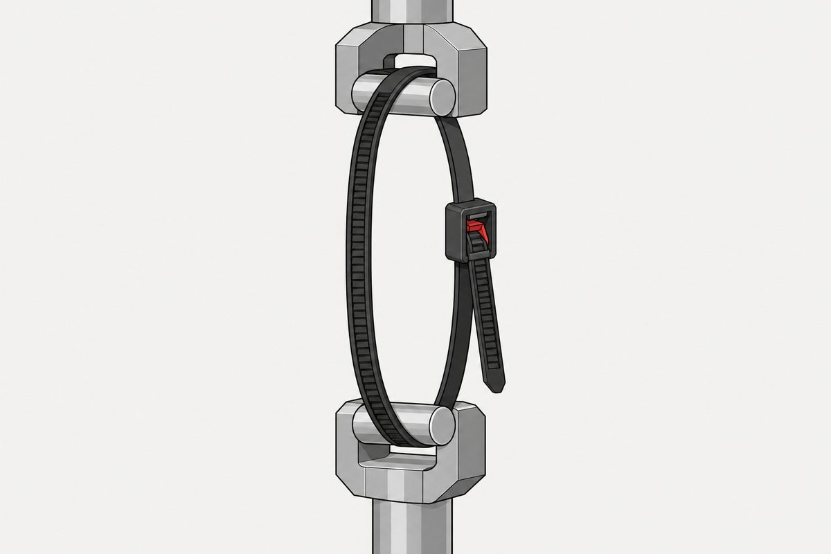 Black cable tie looped around two steel test pins, with the engaged locking pawl highlighted red.