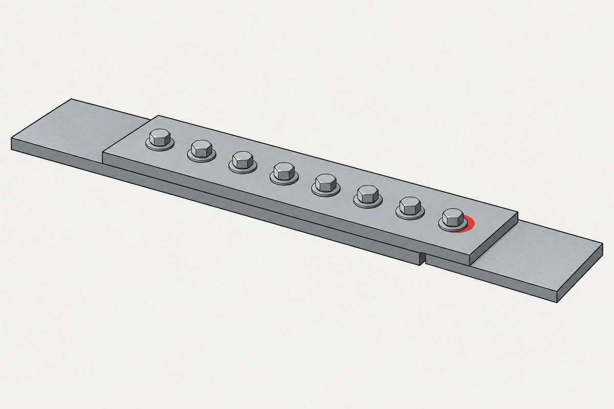 Eight bolts join two overlapping steel plates; a red crescent marks the hole beside the end bolt.