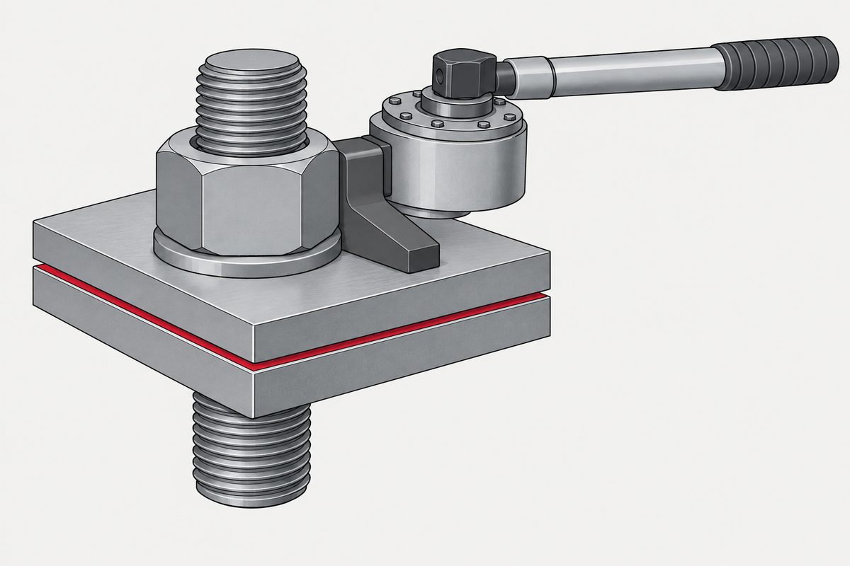 Oversized steel nut and torque multiplier on two plates separated by a narrow red gap.