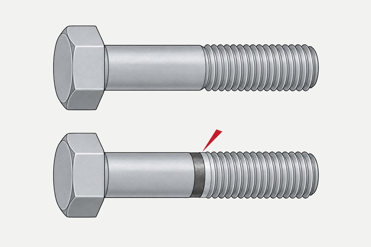 Two parallel steel hex bolts, with a red pointer marking an uncoated band on the lower bolt.