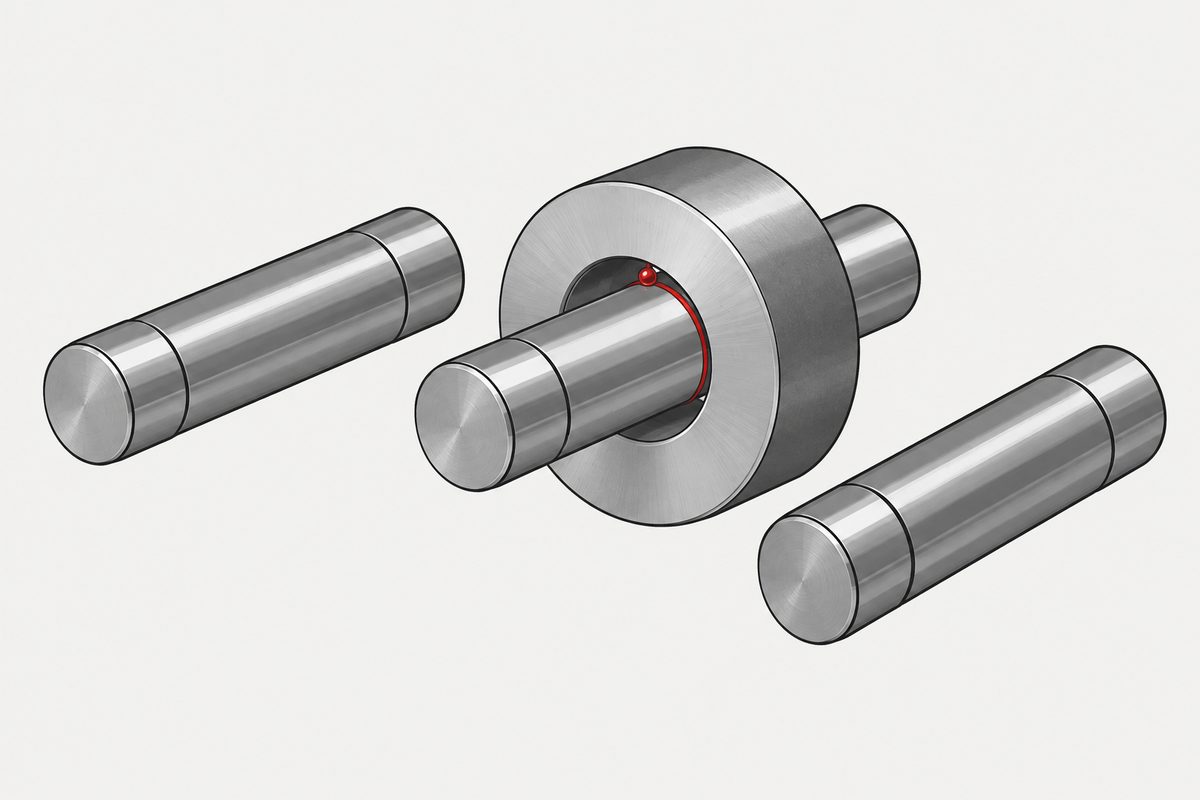 Three steel plug gauges and a ring gauge, with one plug inserted and a red oil bead at the interface.