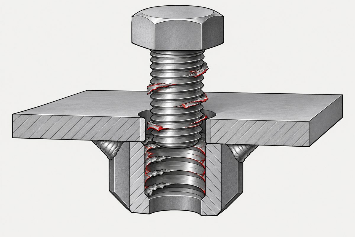 Cutaway weld nut beneath a steel plate with torn thread fragments clinging to a partly withdrawn bolt.