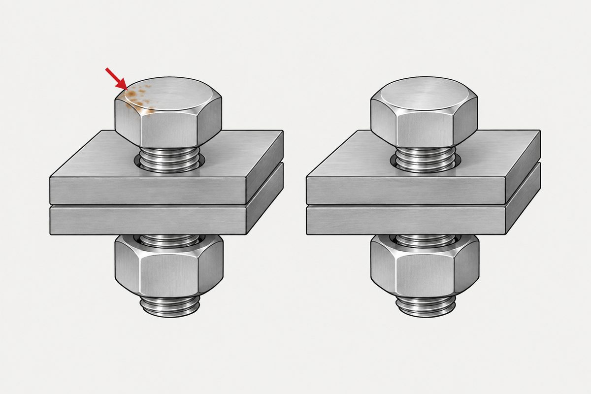 Two stainless bolts clamp metal plates; a red pointer marks tea staining on the left bolt head.