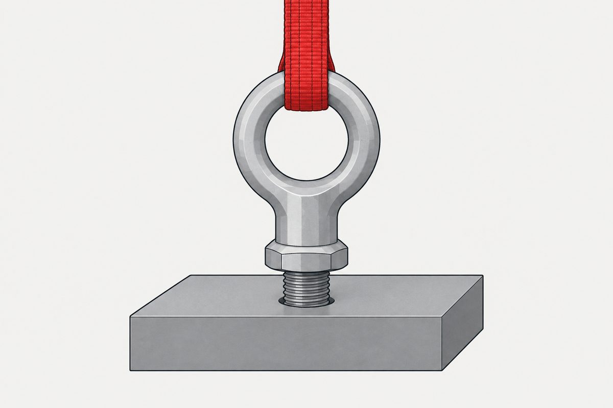 A red sling pulls vertically through a grey shoulder eyebolt mounted in a steel plate.