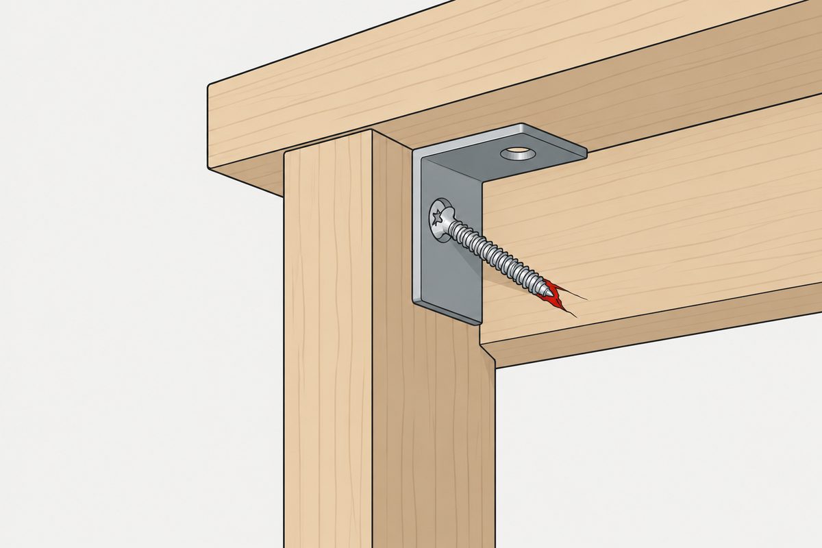 Angled steel screw on a table corner brace, with a small red split in the wood beside its tip.