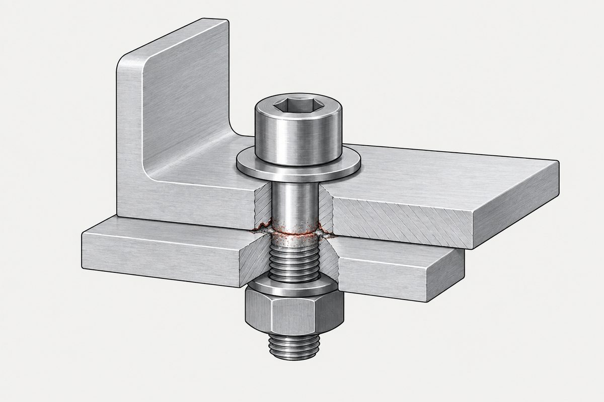 Cutaway of a stainless screw fastening aluminium plates, with red corrosion at the contact interface.