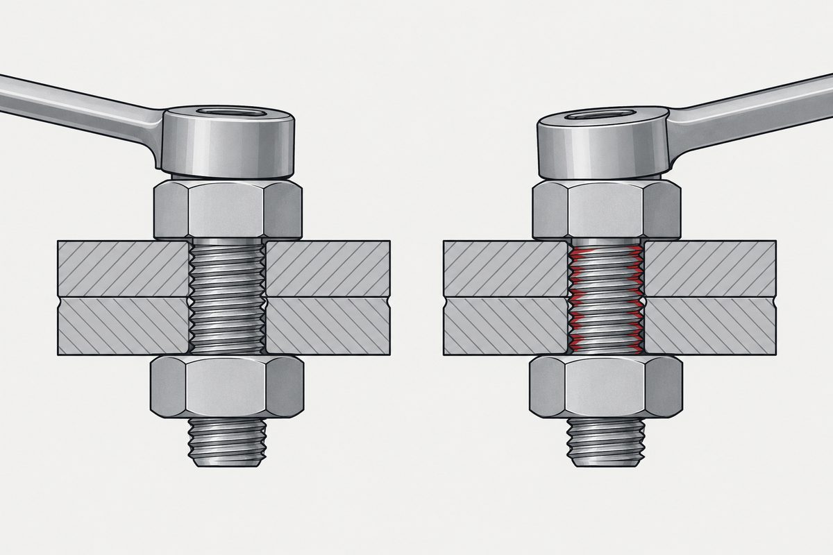 Two steel bolted joints in cutaway, with red anti-seize coating the engaged threads on the right.