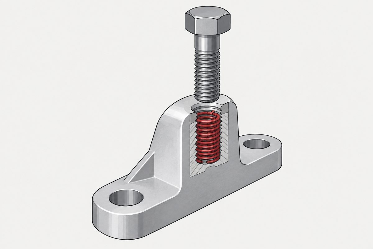 Cutaway aluminum mounting lug with a red helical thread insert and a steel bolt aligned above.
