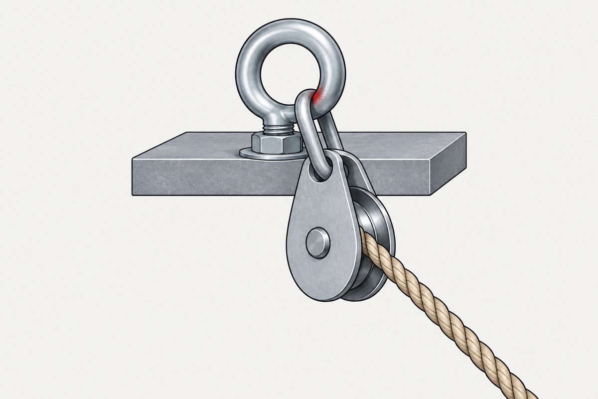 A steel eye bolt holds a side-pulled pulley, with the uneven contact point marked red.