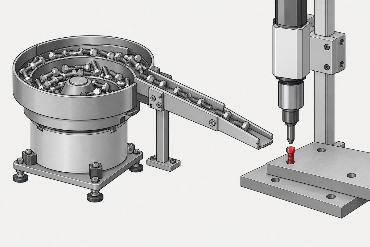 A red hex-head bolt in a steel plate joint beside a bowl feeder, feed rail, and automatic driver.