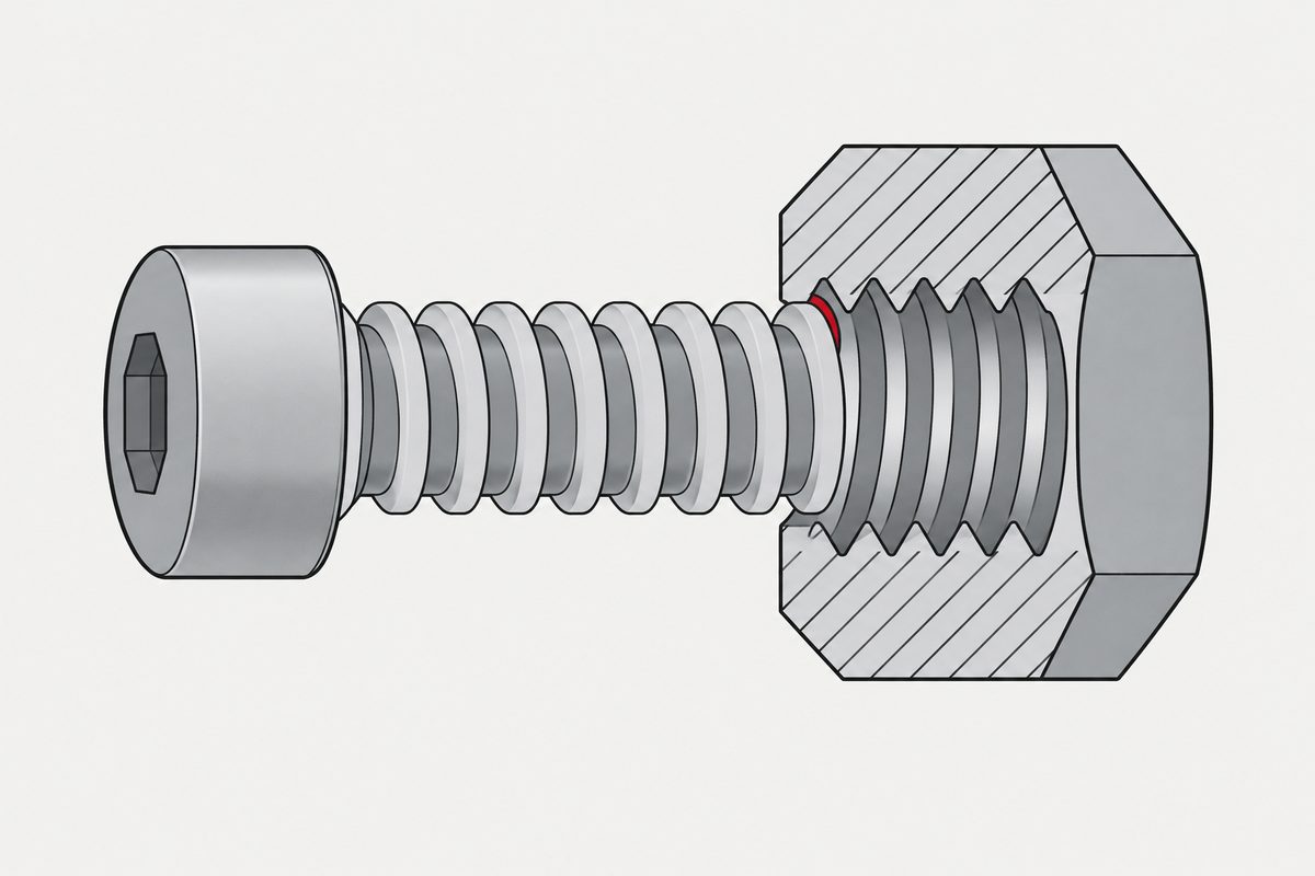 A thick-coated steel screw enters a cutaway hex nut, with a red sliver marking contact at the first thread.