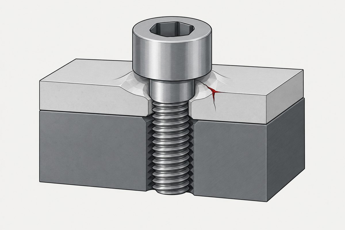 Cutaway of a socket-head screw clamping a pale plate to a steel base, with one red crack beneath the head.