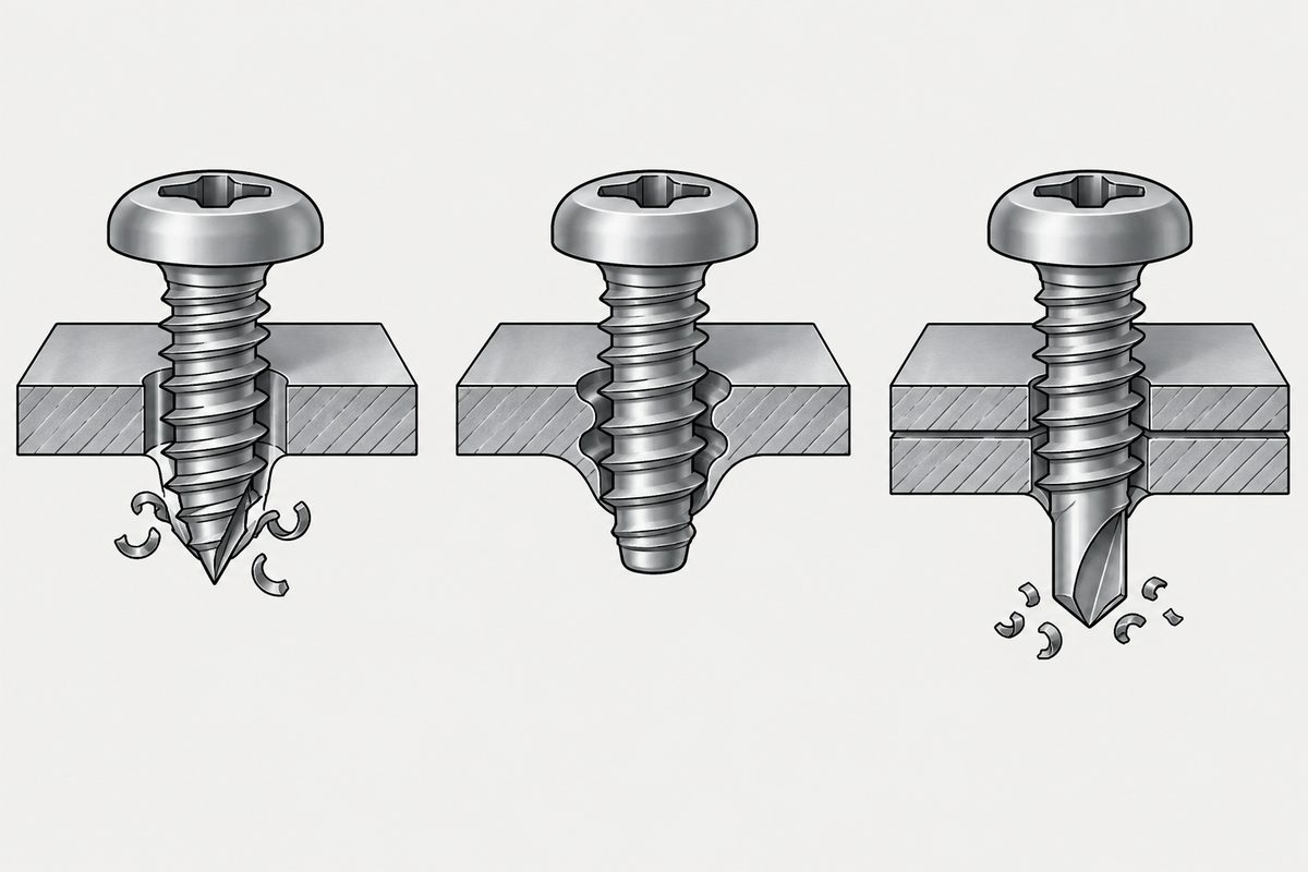 Three steel cutaways show a pointed tapping screw, a thread-forming screw, and a drill-point screw.