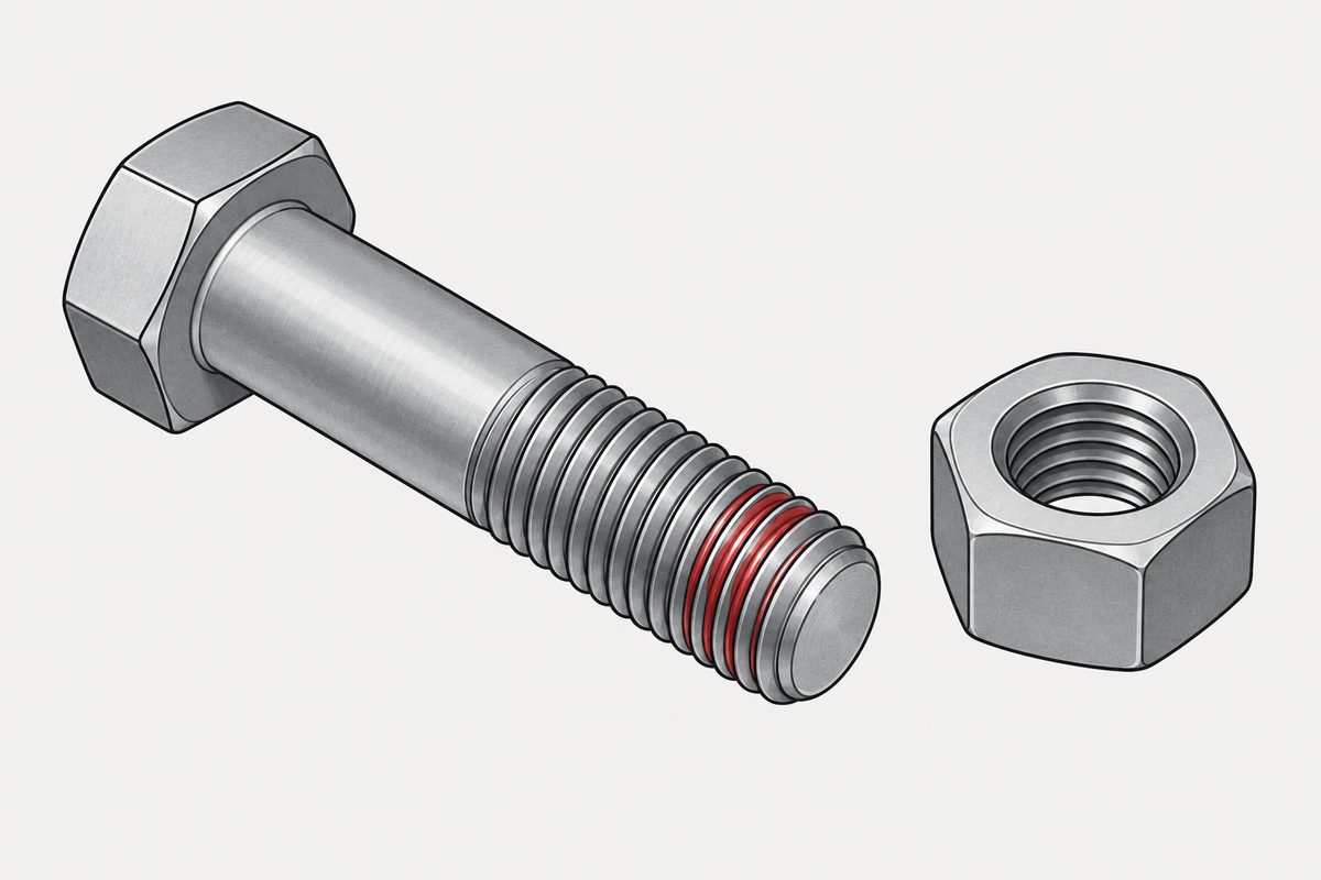 A steel hex bolt and nut on light grey, with a thin red oil film across several threads near the bolt tip.