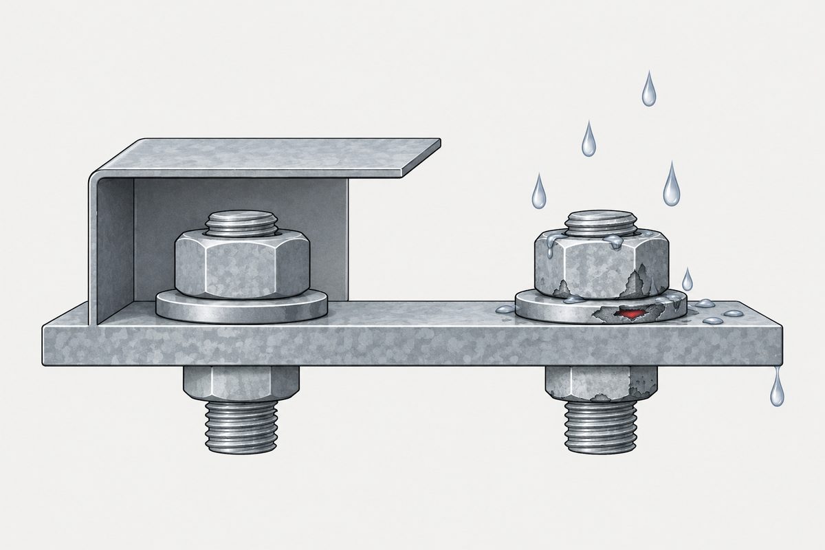 Two galvanized bolt joints on one plate: one sheltered and intact, the other wet with a red corrosion scar.