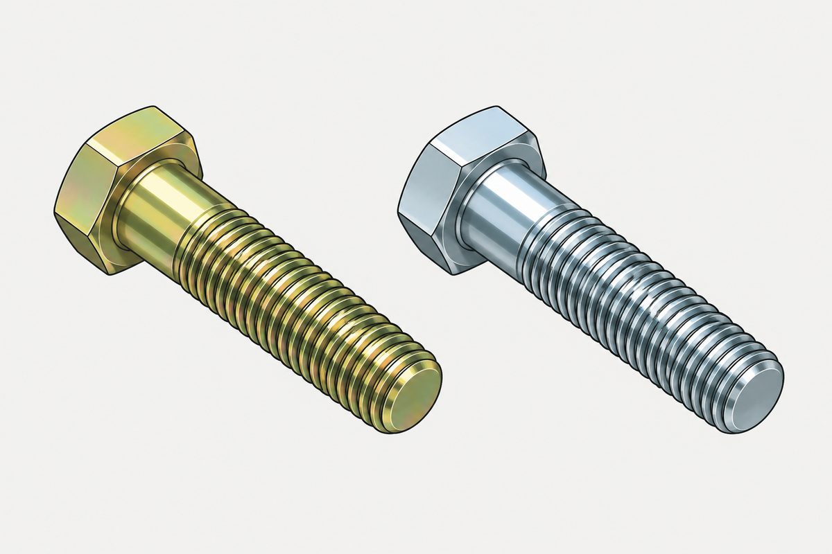 Two matching hex-head bolts lie side by side, one gold-olive and one silver-blue, on a pale grey background.