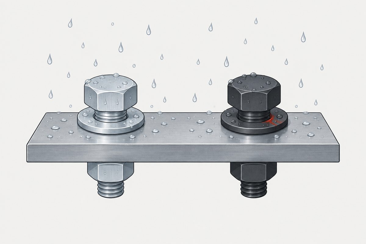 Silver and black bolts share a steel test plate under droplets, with red corrosion at the black washer edge.