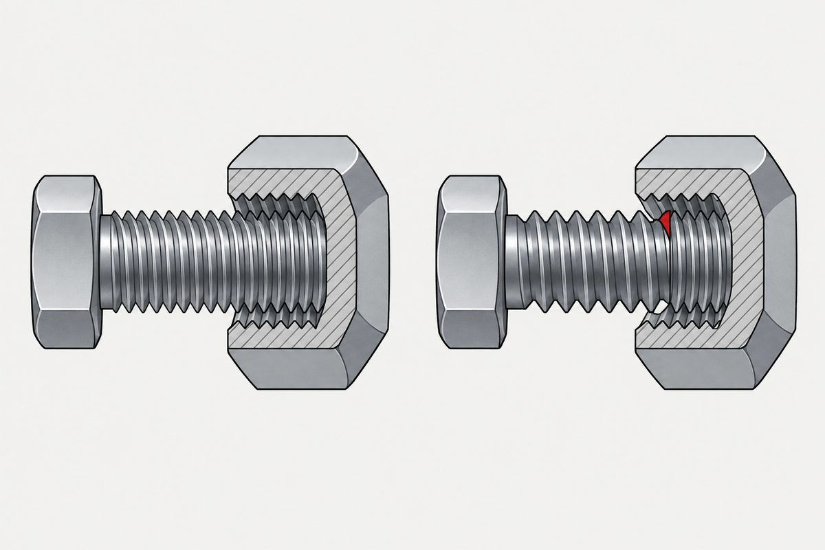Two cutaway bolt-and-nut pairs compare matching threads with a mismatched thread marked by a red gap.