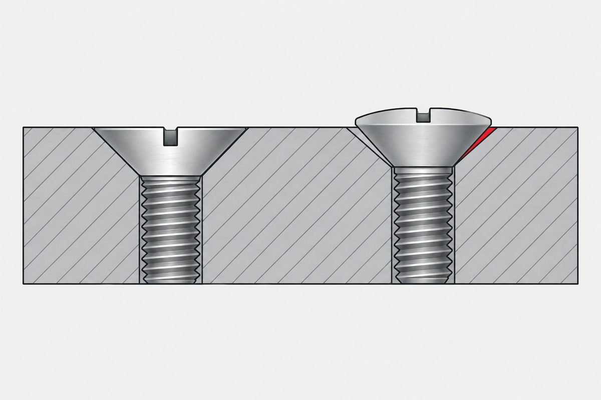 Section view of two countersunk screws: one sits flush, while the other stands proud above a red wedge-shaped gap.
