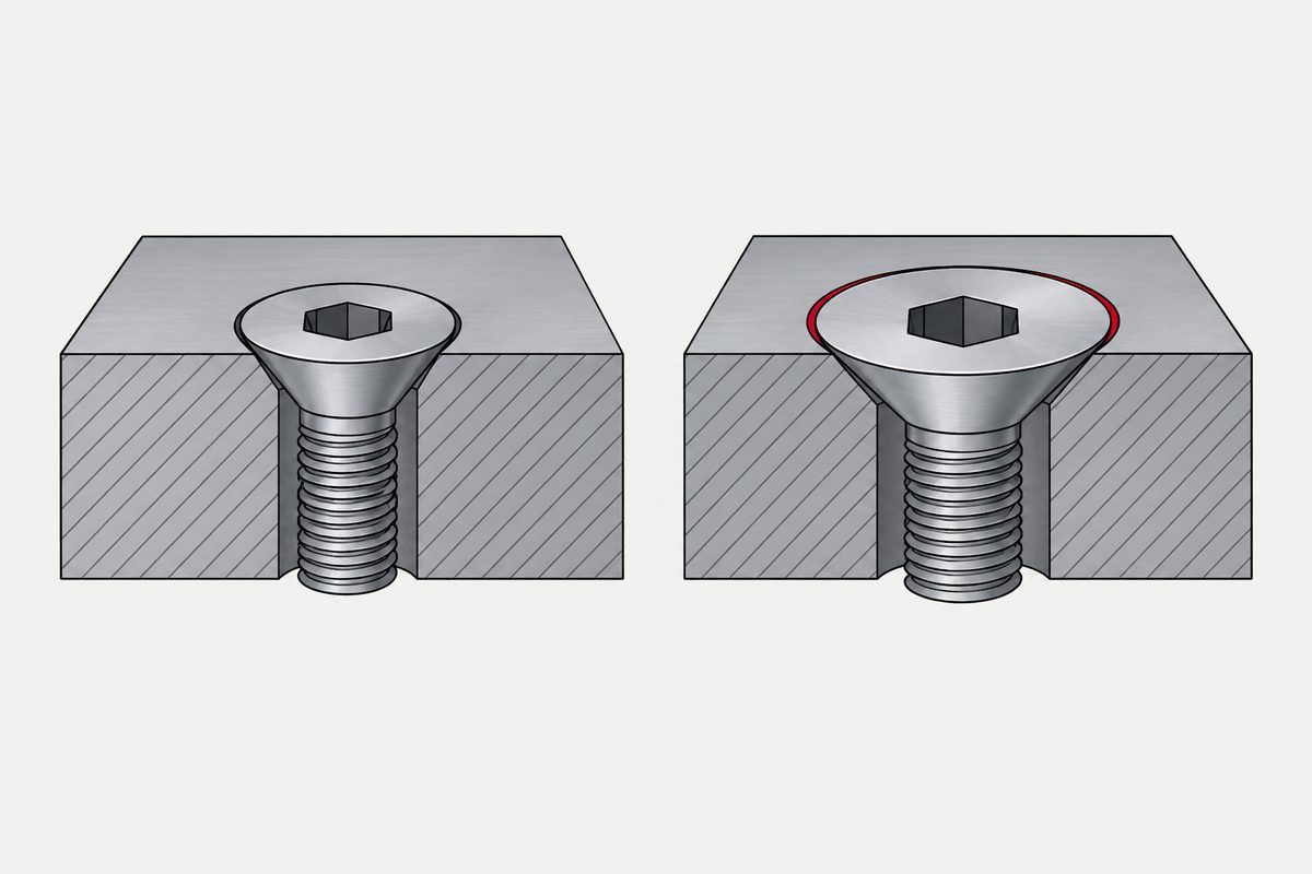 Two cutaway steel blocks hold flush countersunk screws; the wider right screw head has a red rim.