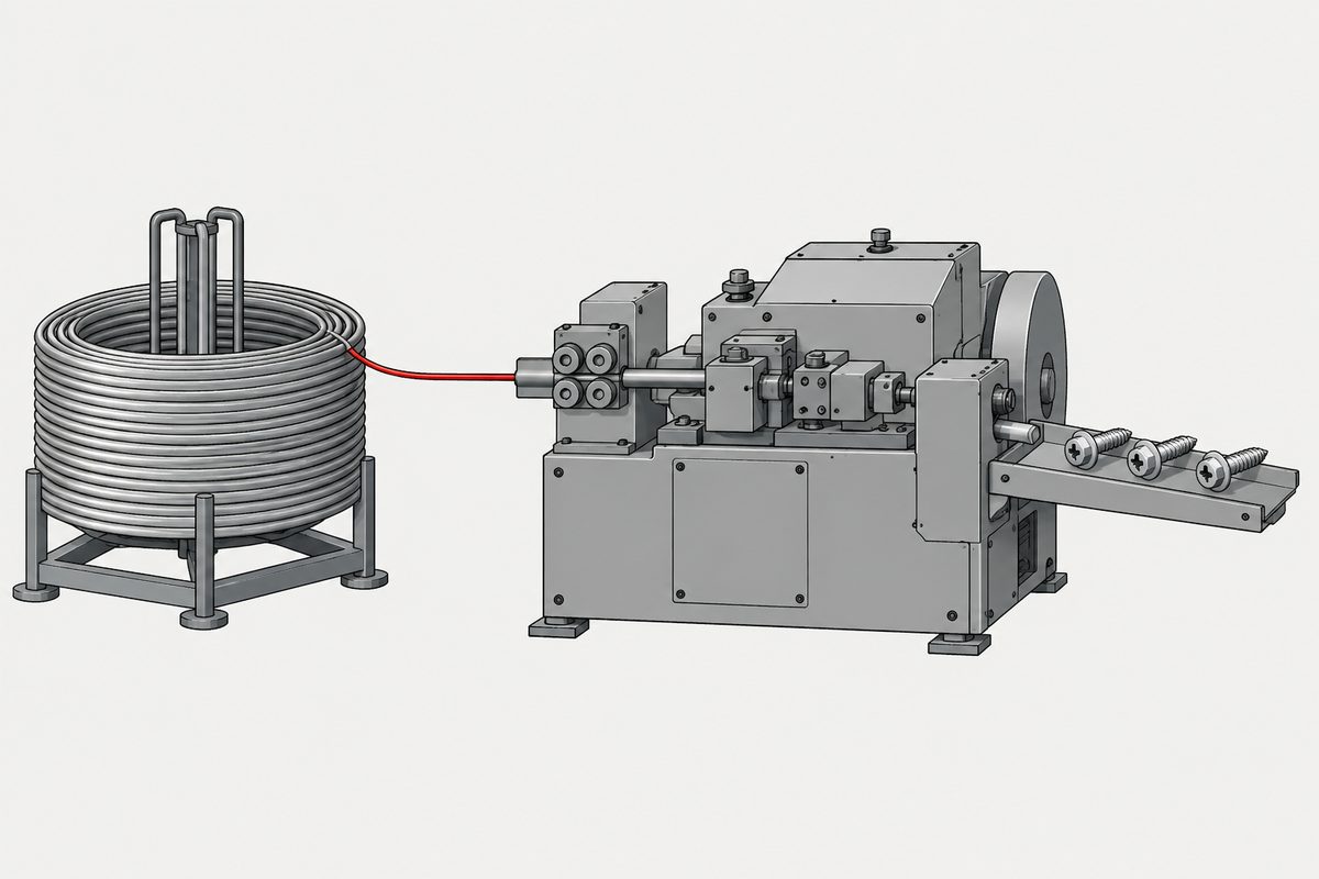 A steel wire coil feeds a red wire segment into a forming machine, with three finished screws on the output tray.