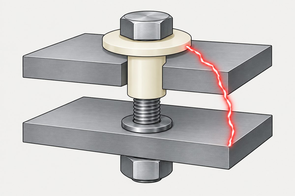 Two steel plates separated by a bolt with a cream insulating sleeve; a red zigzag line runs from the edge of the upper insulating washer down to the lower plate.
