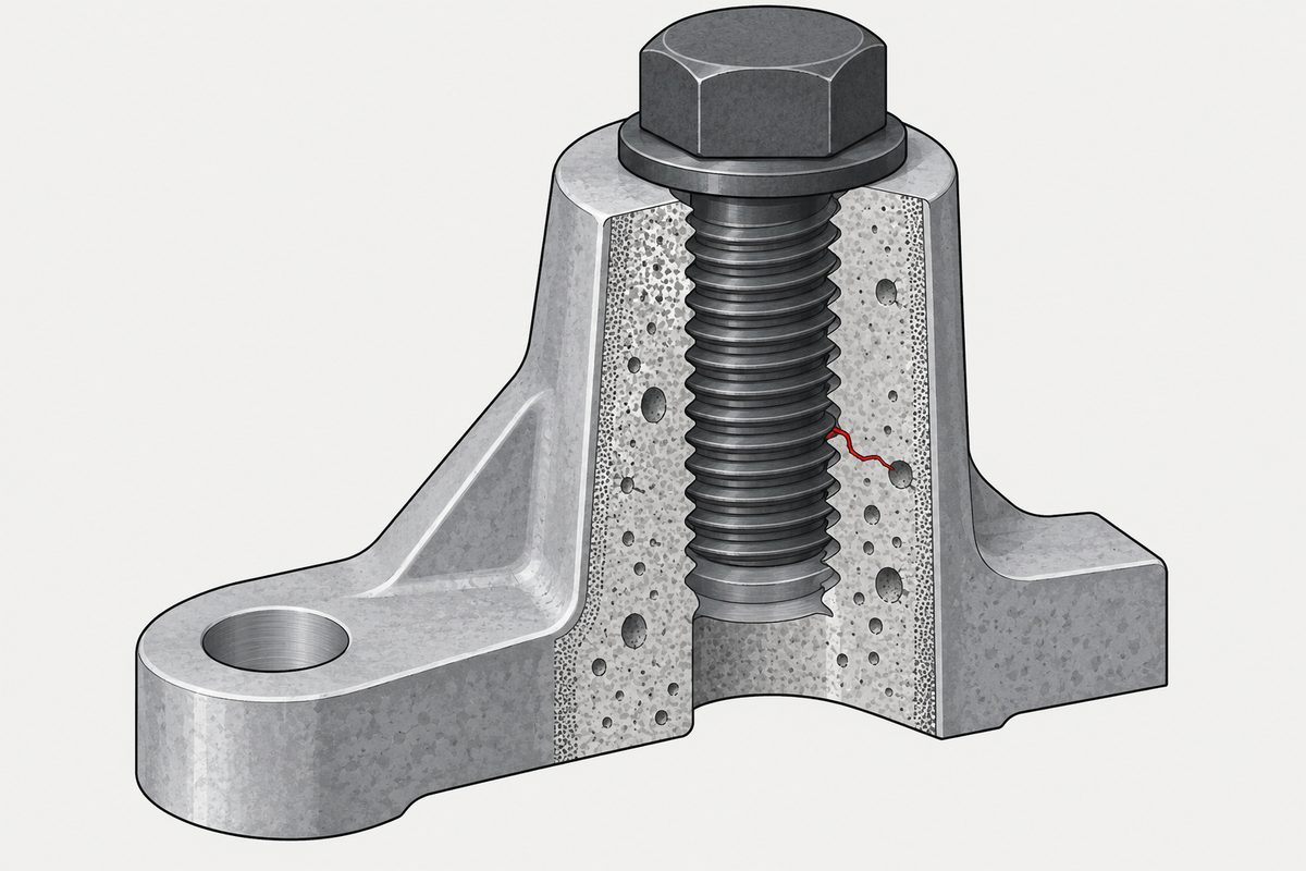 Cutaway die-cast aluminum boss around a steel bolt, showing varied grain, pores, and one red crack at a thread root.