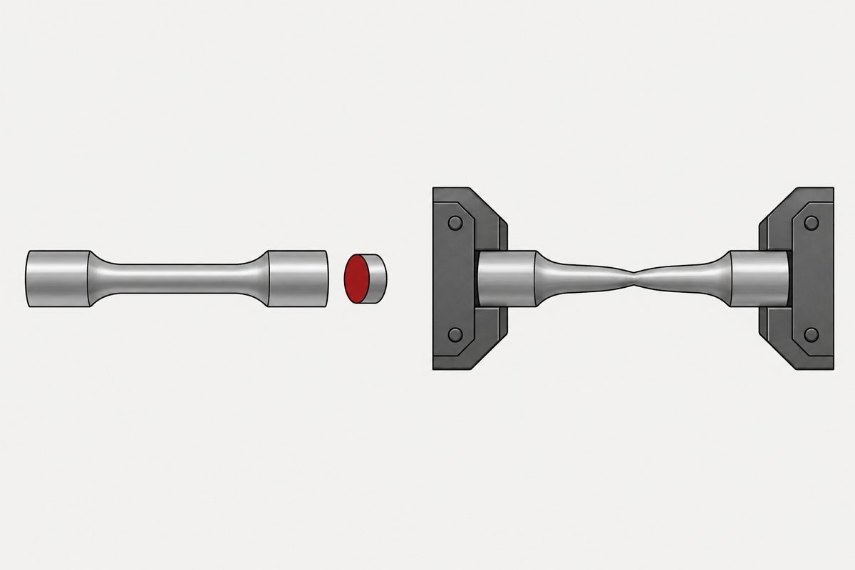 An intact steel tensile specimen and red cross-section beside a matching specimen necking between machine grips.
