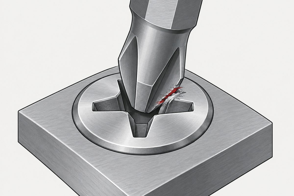 Close view of a Phillips bit pressing against a damaged recess flank in a steel screw set in a plate.
