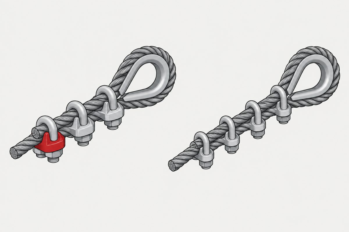 Two steel wire-rope eyes use three heavy clips and four slimmer clips; one saddle is red.