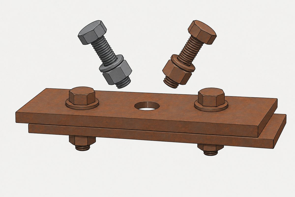 A weathering-steel lap joint with an empty hole and grey and brown bolt assemblies poised above it.