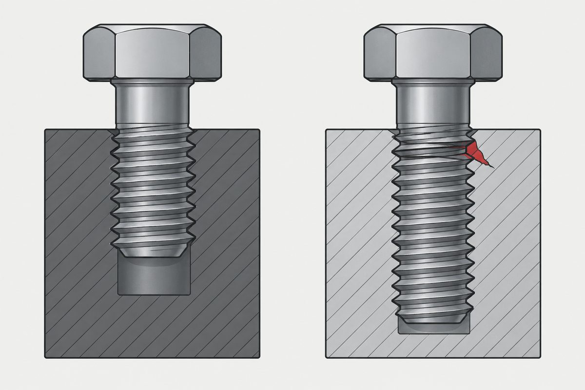 Two cutaway bolted joints with different engagement depths; a red internal-thread crack appears on the right.