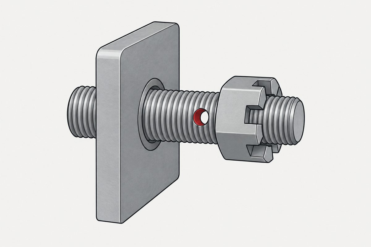 A steel stud passes through a thick plate, with a red cross-hole sitting just beside the castle nut.