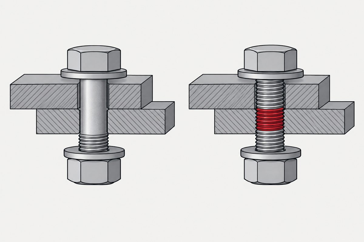 Two cutaway steel joints, with red threads crossing the plate interface on the right bolt.