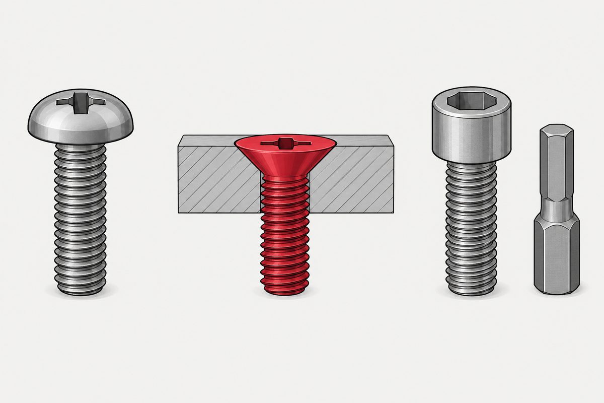 Pan head, countersunk and socket head screws side by side; the countersunk one, in red, sits flush in a cutaway plate, with a driver bit at the right.