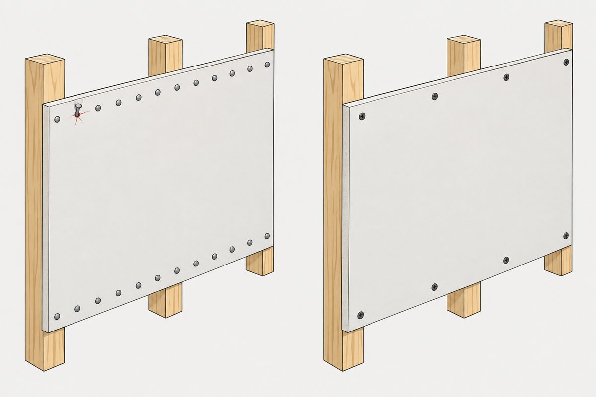Two panels fixed to timber studs, one with closely spaced nails and one with fewer screws.