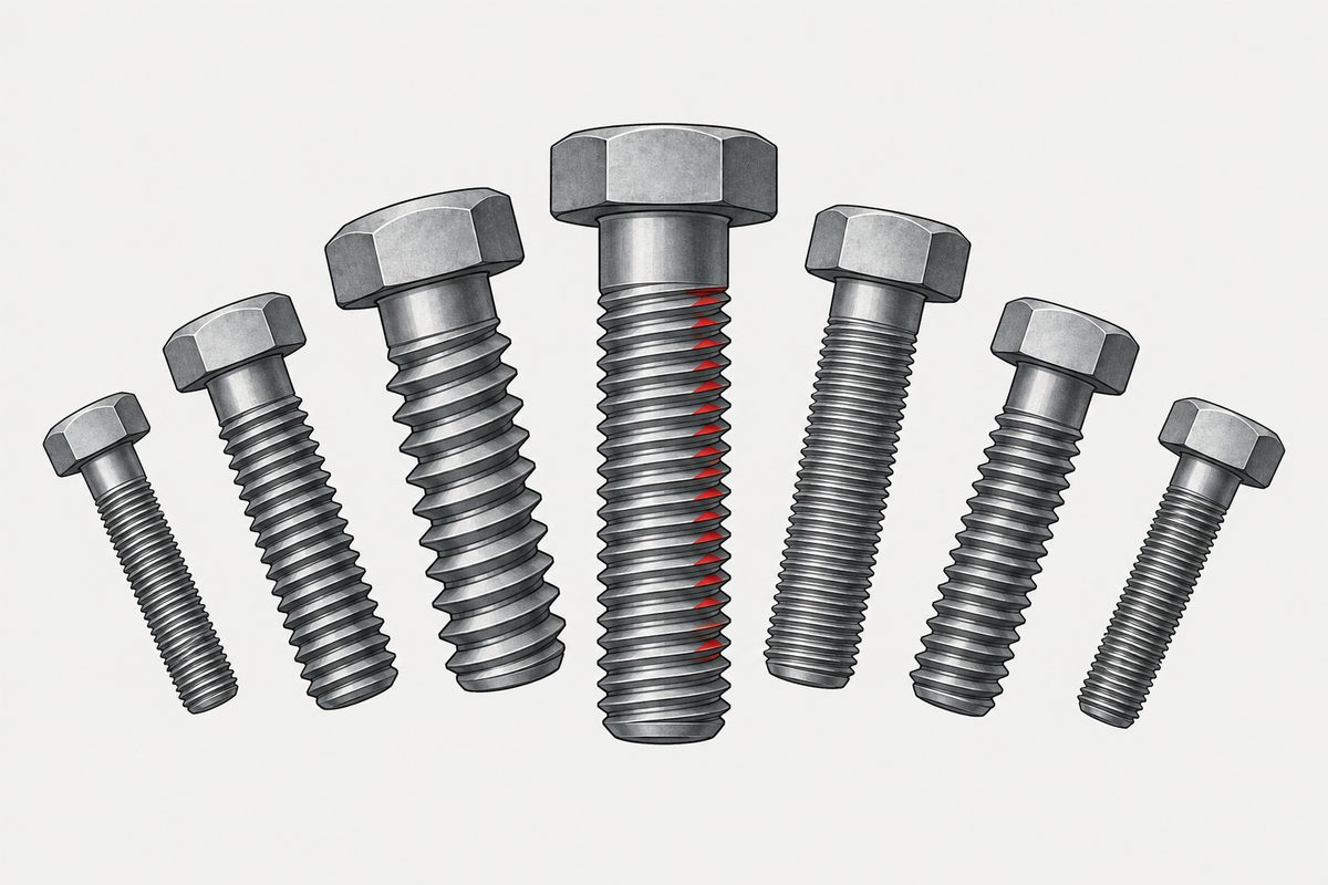 Seven steel hex bolts with varied thread pitches, with red accents along the central bolt's threads.