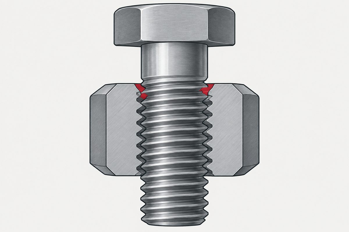 Cutaway steel bolt and nut with the first engaged internal thread highlighted in red.