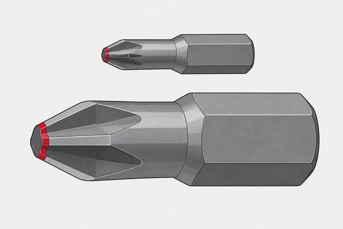 Two differently sized Phillips driver tips lie parallel, with matching red bands across their working ends.