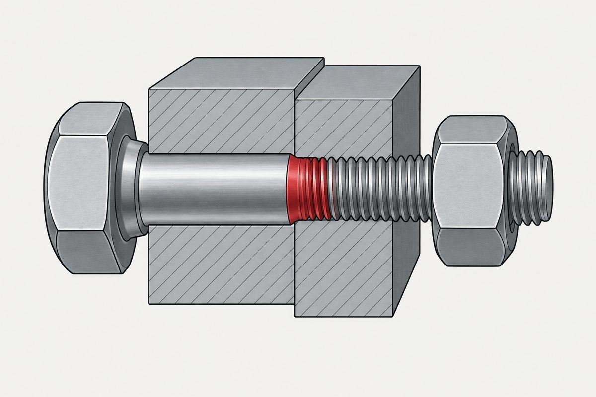 Cutaway steel joint with a bolt whose short thread-to-shank transition is highlighted red.