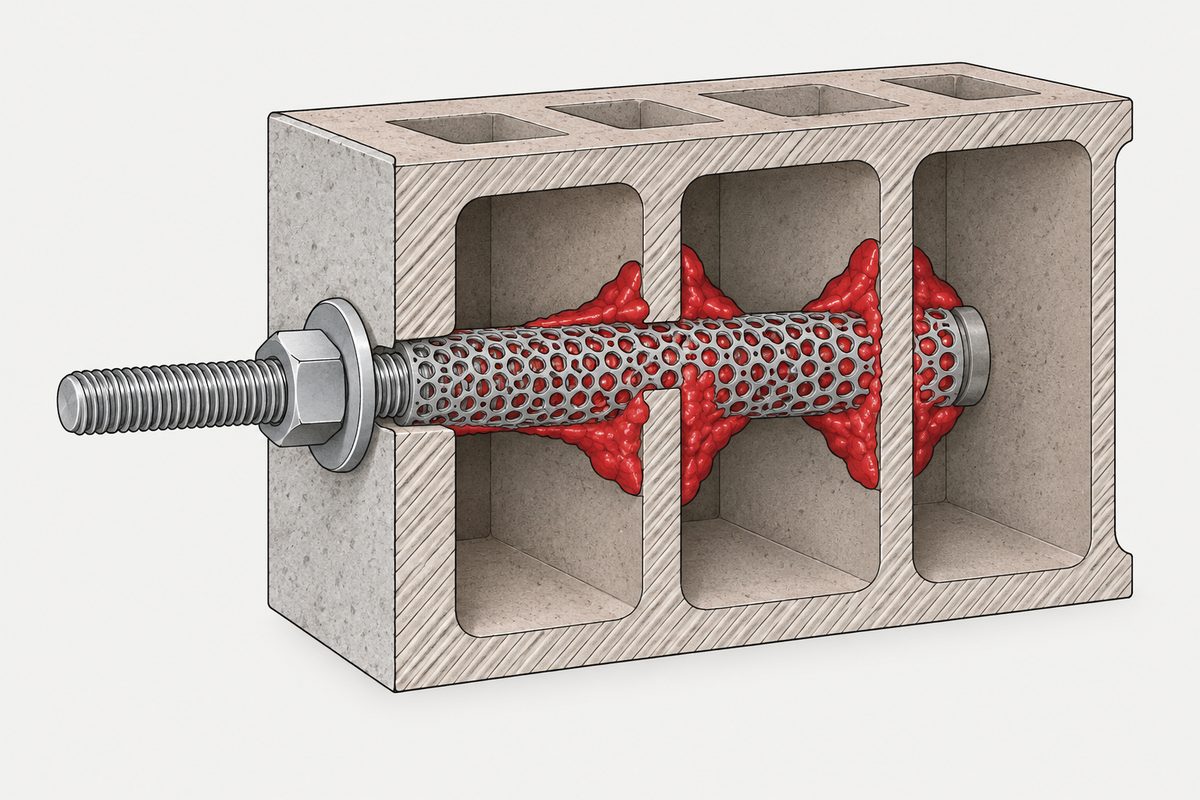 Cutaway hollow brick with a steel threaded rod in a mesh sleeve and red resin bulging around the internal webs.