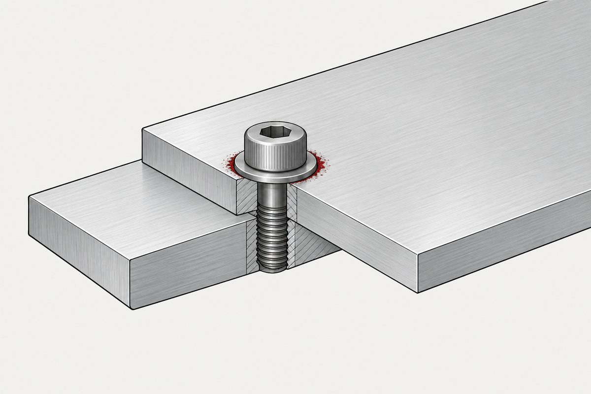 Cutaway of two aluminum plates joined by a socket screw, with a red pitted ring at the contact point.