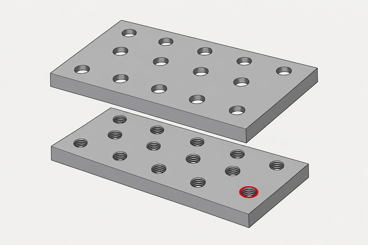 Two separated steel plates show matching hole arrays, with one offset threaded hole circled in red.
